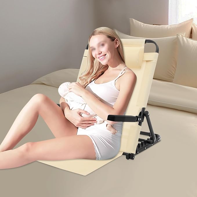 Adjustable Lifting Bed Backrest with Armrests 8-Position Adjustable, 330LBS Load Bed Back Support Chair for Reading Sleeping Watching TV, Portable Folding Floor for Elderly or Patients (Khaki)