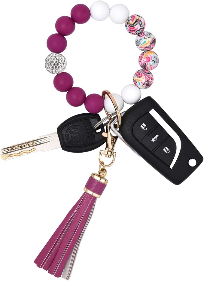 BAOSIWA Silicone Beaded Bracelet Keychain Wristlet Key Ring Bangle Chains for Women with Leather Tassel