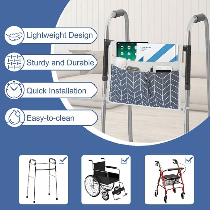 TOGETRUE Walker Bag, Easy Access Walker Storage Basket with 2 Large Pockets, Walker Accessories Bag for Folding Walker, Wheelchairs, Strollers, 13"x14.5"
