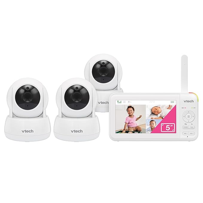 VTech 3 Cameras Video Baby Monitor with 5" LCD Screen,Up to 17Hrs Video & 31Hrs Audio, Night Vision, Pan-Tilt-Zoom, Lullabies, Soothing Sounds, Temperature Sensor,Split Screen, No WiFi: 924-3W