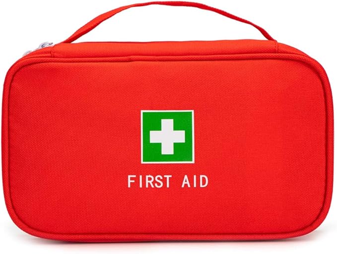 Jipemtra Red First Aid Bag Empty Travel Rescue Pouch First Responder Storage Medicine Emergency Bag for Car Home Office Kitchen Sport Outdoors (Red with Handle Green Print)