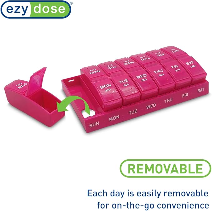 EZY DOSE Weekly, AM/PM Daily Pill Organizer, 7-Day Medicine Planner, Vitamin Container, Small Pop-Out Compartments, 2 Times a Day Pill Holder, Pink, Travel-Friendly, BPA Free