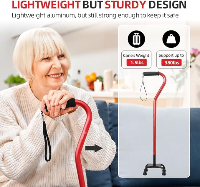 BeneCane Quad Cane Adjustable Walking Cane with Offset Soft Cushioned Handle for Men & Women Lightweight Comfortable with 4-Pronged feet for Extra Stability