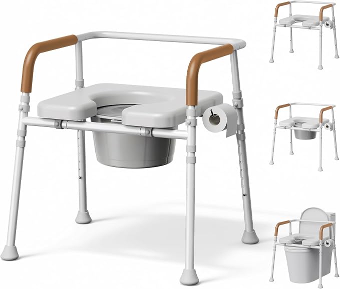 Bedside Commode for Seniors, 6.3 QT Removable Bucket & Splash Guard | 3-In-1 Potty Chair With Adjustable Height, Tool-Free Assembly, 350 Lbs Capacity, Portable Toilet For Adults & Post-Op Users