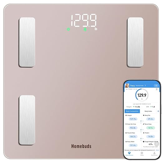 Homebuds FSA&HSA Smart Weight Scale, Precision 0.1lb by Our Professional Scale Factory Since 2001, Bluetooth Scale for Body Weight App Sync 13 Body Composition BMI and Body Fat, 400lb, Rose Gold