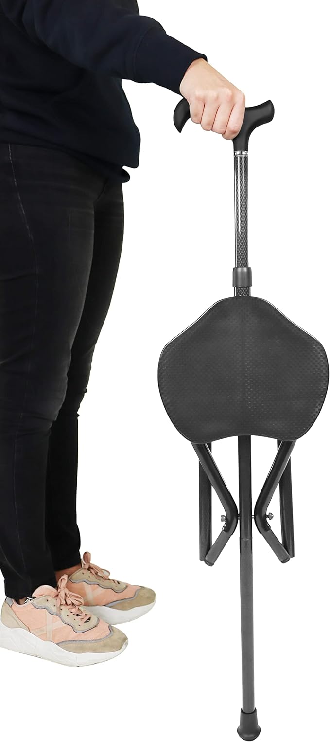KMINA Cane with Seat Folding Lightweight, Carbon Fiber, Height Adjustable, Cane Chair for Woman and Men, Black, PRO Model