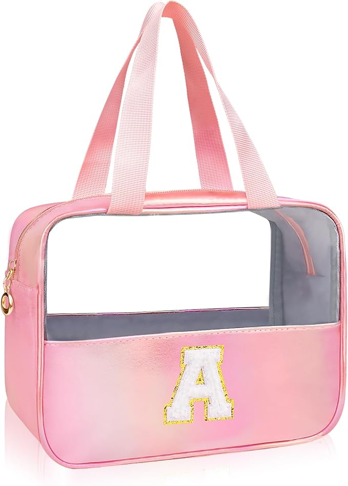 Initial Clear Makeup Bag Personalized Pink Clear Cosmetic Bag, Cute Large Make Up Bags Organizer Bag, Travel Toiletry Bag for Women Girl Gifts A (Pink)