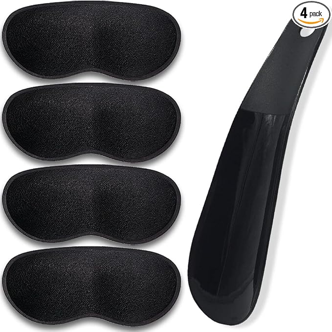 Dr. Foot Heel Grips for Men and Women, Self-Adhesive Heel Cushion Inserts Prevent Heel Slipping, Rubbing, Blisters, Foot Pain, and Improve Shoe Fit - 2 Pairs+ Extra 1 Shoe Horn (Black)