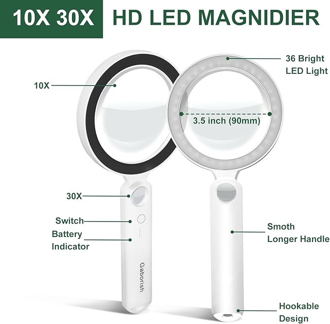 Glass Magnifying Glass with Light Handheld 10X 30X Magnifier with 36 LEDs, 5 Color Modes Rechargeable Lighted Magnifiers, Gift for Senior Reading, Coin, Stamps, Inspection (Black & White)