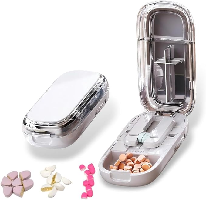 Pill Cutter,Precisely Split Small or Large Pills and Vitamins of Various Shapes with a Safe, Self-Retracting Blade (Light Gray 1/2，1/4)