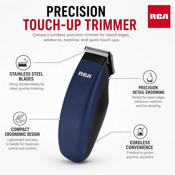 RCA Touch-Up Trimmer for Men, Cordless Travel Size Facial Hair Trimmer with Stainless Steel Blades, Lightweight Portable Beard Detailer for Mustache, Sideburns & Neckline