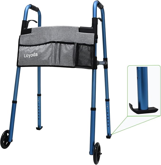 Loyoda Folding Walker for Seniors, Lightweight Aluminum Standard Walker | Trigger Release Foldable, 5" Front Wheels, Height Adjustable, Storage Bag, Ski Glides, Blue