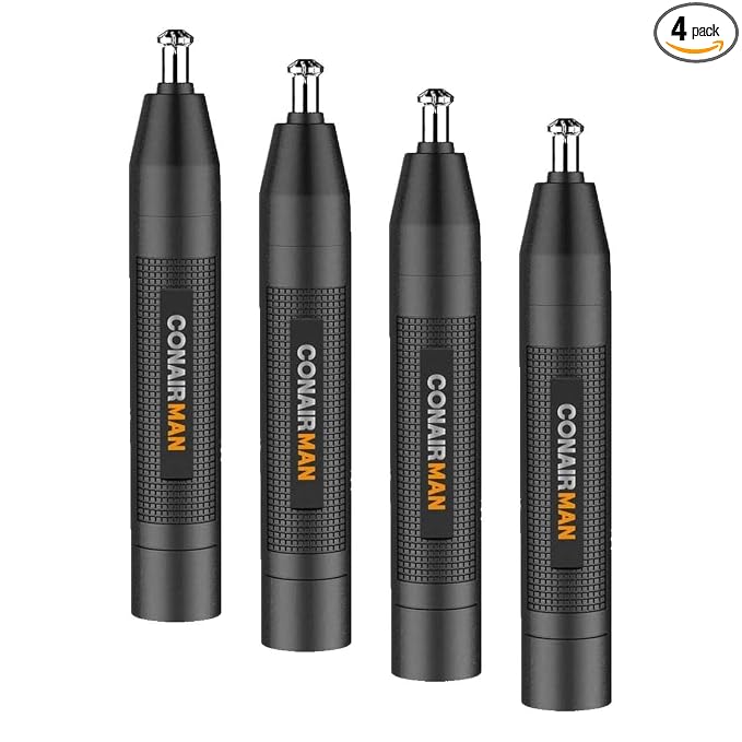ConairMan Nose Hair Trimmer forMen,ForNose,Ear,and Eyebrows,Patent 360 Bevel Blade-Forno Pull,No Snag Trimming Experience,Cordless Trimmer 2 piece Set with Detail and Shaver Attachments,(Pack of 4)