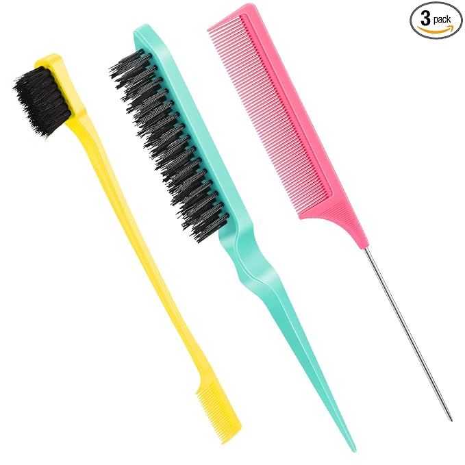 Geiserailie 3 Pcs Slick Back Hair Brush Set Bristle Brush Edge Control Teasing Comb for Women Black Hair(Yellow,Pink,Cyan)