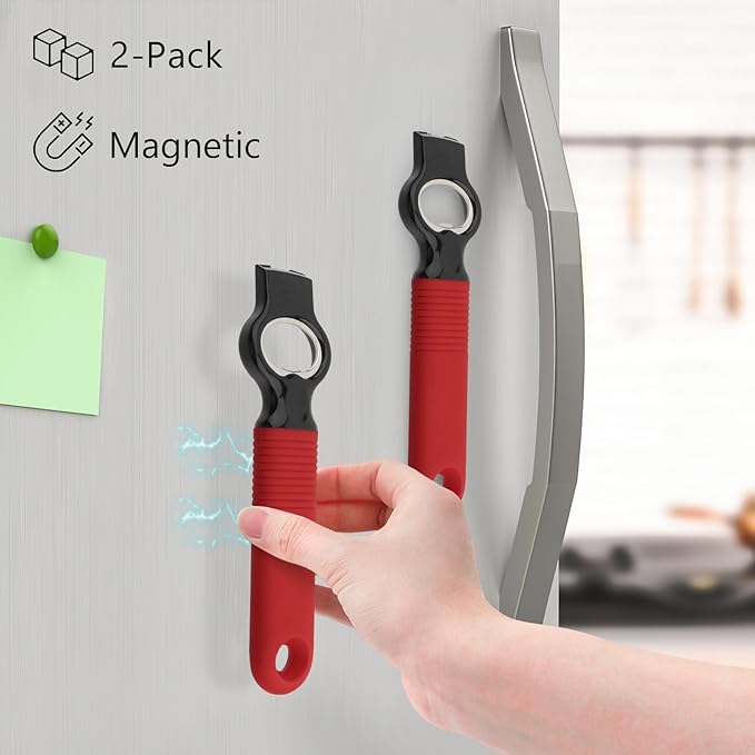 2-Pack Magnetic Beer Bottle Opener & Soda Can Opener, 2-in-1 Bottle Opener and Can Tab Opener Tool for Bartender, Long Nails, Arthritis, Seniors, Silicone Handle with Build in Magnet - Red