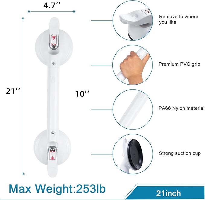 21inch Upgrade Suction Shower Grab Bar, Portable Shower Handle Bar Suction Grip Bar Bathtub Handle with Strong Hold Suction Cup Fitting and Rapid Release for Bathroom(Max Capacity :300lb