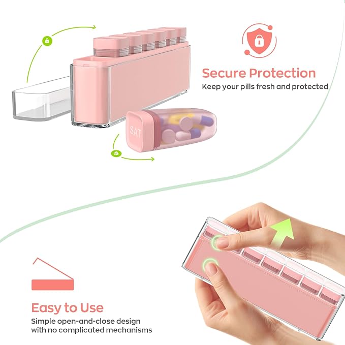 HIONXMGA Weekly Pill Organizer, Detachable 7-Color Pill Box, Easy Tracking | Portable Travel Pill Case Container for Daily Vitamin Supplement Fish Oil, Silicone-Seal, Lasting Labels, Quick Fill (Pink)