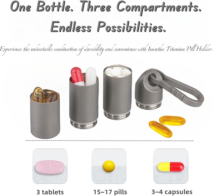 Titanium Keychain Pill Holder - Waterproof 3-Compartment, Gray | Premium pure titanium with a matching keychain. 3 detachable layers for travel. Odorless, rustproof EDC pill organizer