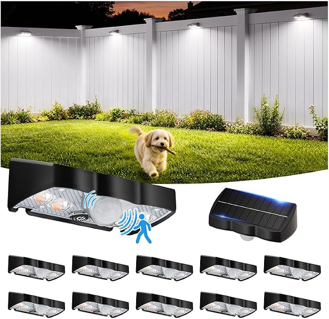 VOLISUN Motion Sensor Solar Fence Lights Outdoor 12 Pack, IP65 Waterproof, 3 Modes (High/Low/Steady-On) Dusk to Dawn Backyard Lights, 6000K Cool White Motion Sensor Outdoor Lights for Garden Yard Deck