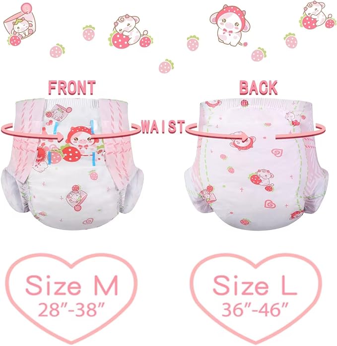 Landofgenie Adult Diapers Large Overnight Printed Diaper with Tabs 10 Pieces - Strawberry Cow (Large 36"-46") | 5000 mL Absorbency, Side Leak-Proof Barriers, Elastic Cuffs & Waistband, Adjustable Tabs