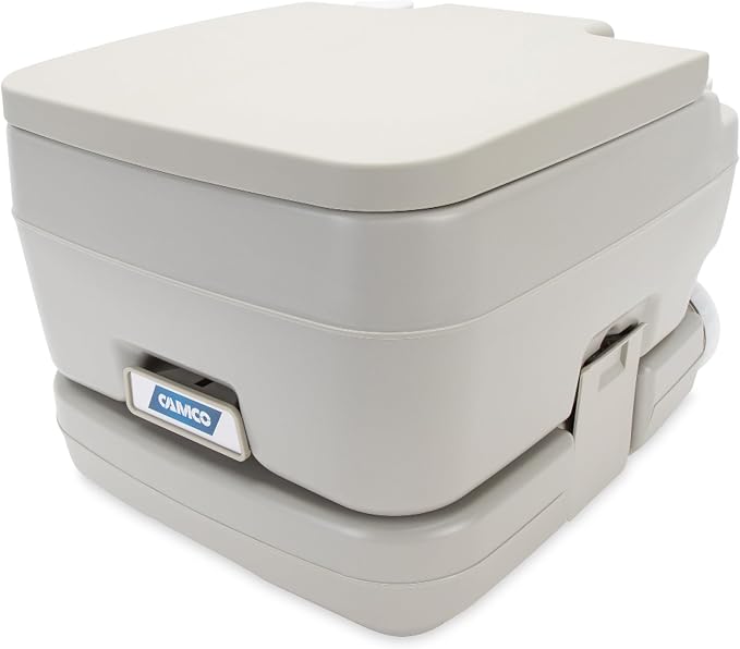 Camco 2.6-Gallon Portable Toilet - Features Detachable Holding Tank w/Sealing Slide Valve & Bellow-Type Flush - Easy Transport w/Compact Lightweight Design & Carry Handle - Gray (41531)