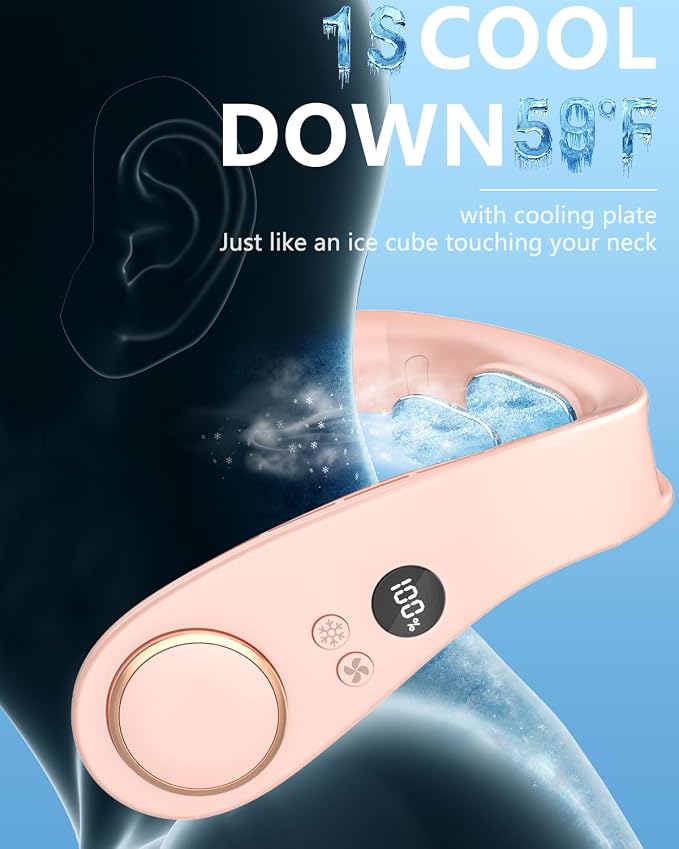 Neck Fan that Blow Cold Air with Cooling Plate, Recharable 5500mAh Battery Powered, Potable Silent Mini Neck Air Conditioner, Cordless Leafless Quiet Face Fans for Kid Adults Travel Work Sports, Pink