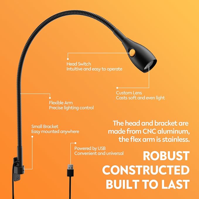 acegoo Wall Mounted Minimalist Bedside Reading Light, Wooden Headboard Mount Flexible Neck Book Light, Handy Lamp Head Switch, CRI 98+ 4000K LED, Powered by USB