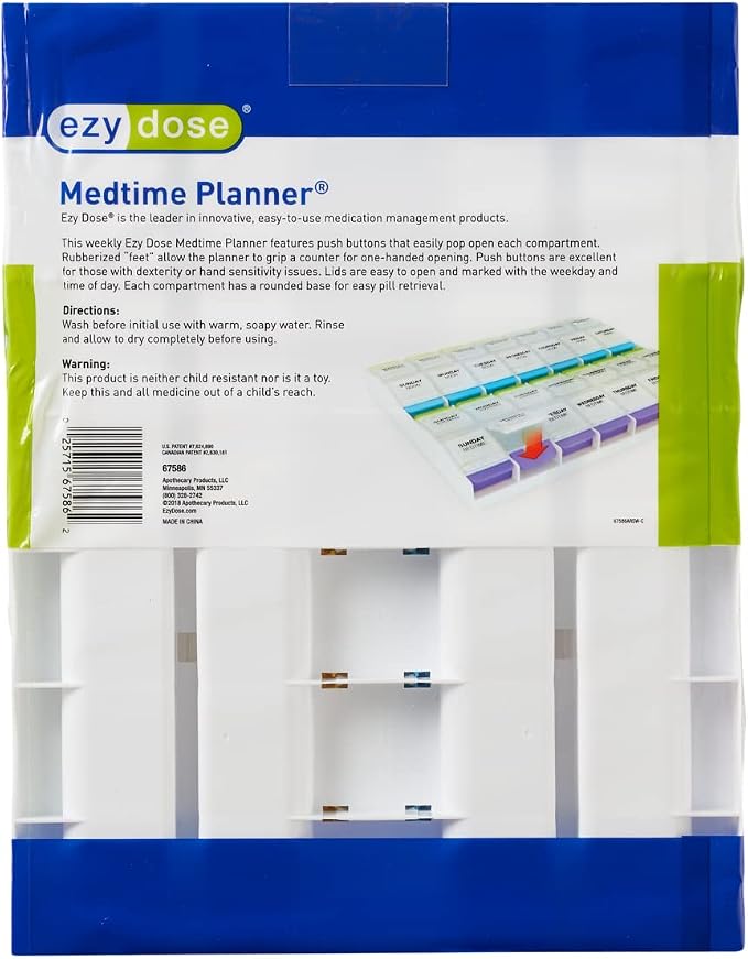 Ezy Dose Weekly (7-Day) Pill Case, Medicine Planner, Vitamin Organizer Box, 3X-Large Push Button Compartments, 4 Times a Day, Clear Lids, BPA Free
