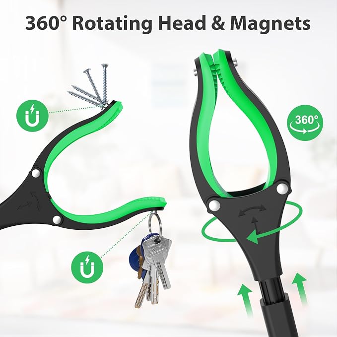 36" Foldable Grabber Reacher Pickup Tool for Seniors, Green | 360° Rotating Jaw, Two Magnets, Extra Long Trash Picker Upper, Lightweight for Elderly, Indoor & Outdoor