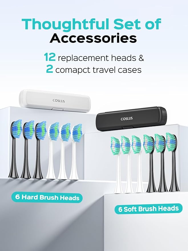 COSLUS Sonic Electric Toothbrush for Adults: 47000 VPM for Deep Cleaning & Whitening with Travel Case - 5 Modes for Sensitive Teeth & Braces, Wireless Charging, 6 Brush Heads, Black & Green (2PCS)