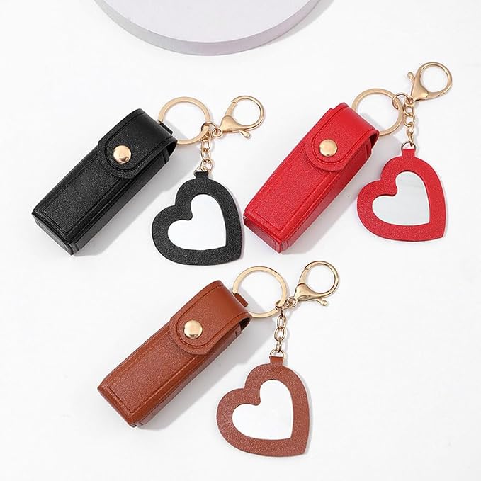 Arvintas 4 PACK PU Leather Potable Chapstick Holder Key Chain Bulk with Mirror, Lipstick Keychain, Lip Balm Organizer Holder Lipstick Travel Makeup Storage Case for Women Girls (Style 2)