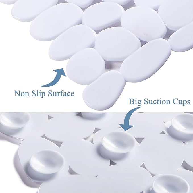 Bath Shower Mat Non Slip: Extra Large Pebble Bathtub mat for Kids, Elderly, Anti Slip Shower Matt with Drain Holes Suction Cups Tub Mat - 16 X 40 Inch White