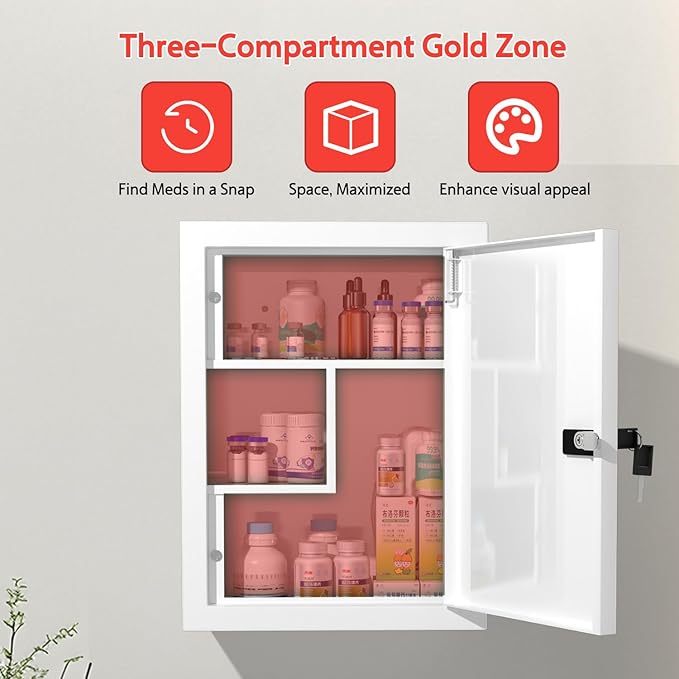 Wall-Mount Locking Medicine Cabinet: Large Metal Storage Organizer Box with Combination & Key Lock - First Aid Medicine Cabinet 3-Compartment Design for Bathroom Home (15.75" H x 11.82" W x 4.72" D)