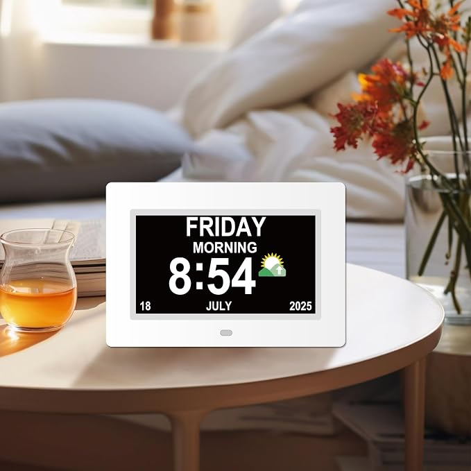 Digital Dementia Clocks for Seniors, 7 Inch, White | Day Date Time Large Display for Poor Vision Easy Read, Medication Reminder Alarm, Spanish 10 Languages, Alzheimer Gifts