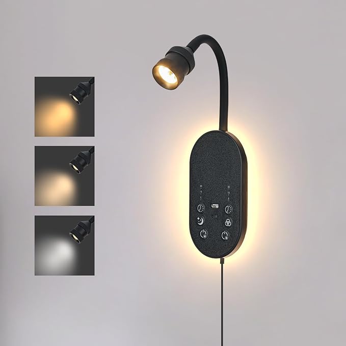 Wall Reading Light, LED Book Lights for Reading at Night, Wall Lamp with 3 Color Temperature & Timers, Adjustable Gooseneck Headboard Plug in Wall Sconce with USB C+A Ports