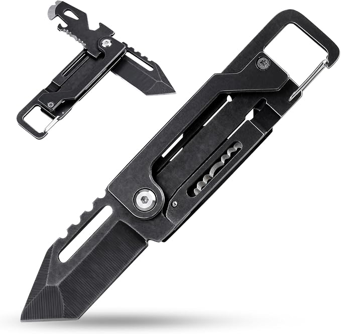 edcfans Keychain Knife, Carabiner Multitool, Tanto Pocket Knife with Key Clip, Box Cutter, Can/Bottle Opener, Screwdriver Wrench, Pry Tools, EDC Hiking Camping Gear, Gifts for Men Women Everyday Carry