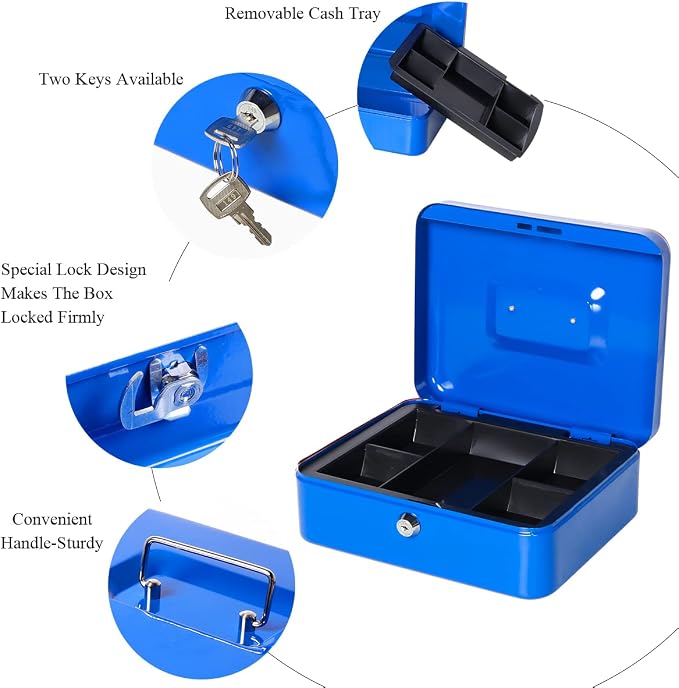 Jssmst Cash Box with Tray - Cash Box with Key Lock Safe Money Box with Cash Tray, Money Saving Box Lock Box for Money, 9.84'' x 7.87'' x 2.6'', Blue