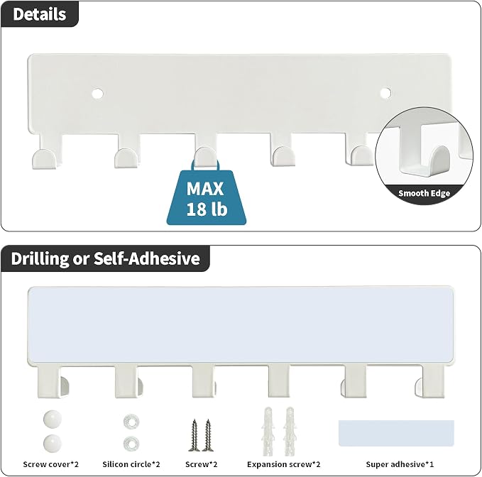 GTK Key Holder for Wall, Key Hooks with 6 Hooks, Wall Mounted Key Holder for Hallway, Self Adhesive Key Rack(White)