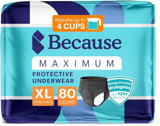 Because Premium Maximum Absorbency Adult Incontinence and Postpartum Bladder Leak Underwear for Women, Heavy Absorbency, Disposable, Black, XLarge, 80 Count (4 Packs of 20)
