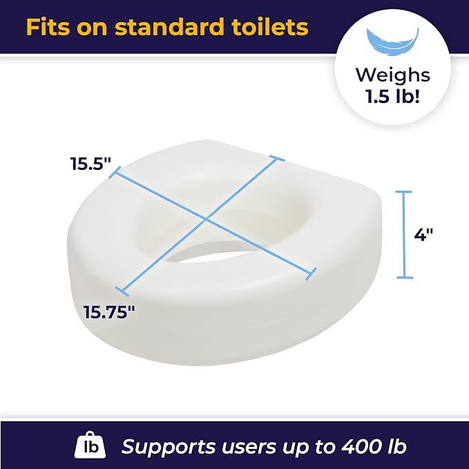 AquaSense 4-Inch Portable Toilet Seat Riser, Elevated Seat for Seniors | Elevated Seat Offers Easy Installation and Sturdy, Non-Skid Design for Round Toilets at Home or Away