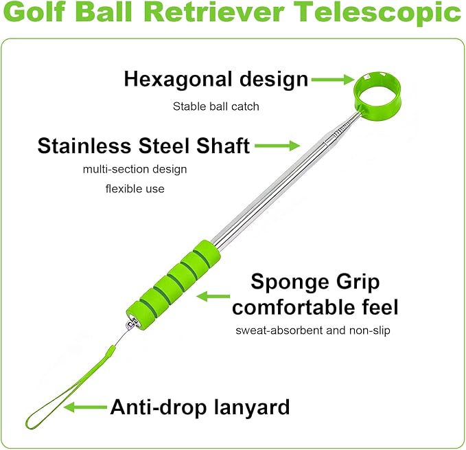 Golf Ball Retriever Telescopic, 9Ft Golf Ball Retriever for Water, Professiona Stainless Steel Ball Retriever Tool Golf, Light Weight Double Sided Golf Ball Grabber, Golf Accessories Gifts