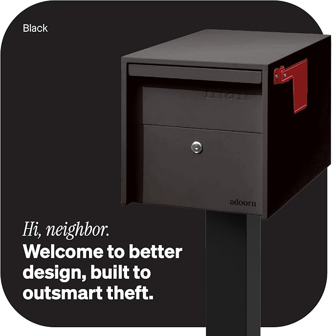 Adoorn Lockable Post Mount Mailboxes for Outside - Small Anti-Theft Locking Mailbox for Packages and Letters - Weatherproof Construction - Durable Steel - 12" H x 12" W x 18.5" D - Black