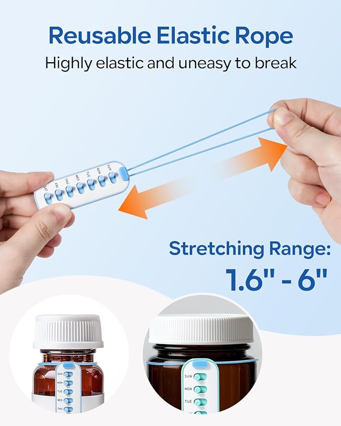 Betife 2-Pack Pill Reminder Tracker - Elastic Lanyard & 3M Stickers, Reusable Medication Reminder for Most Pill Bottles, Daily Habit Tracker for Seniors & Busy Adults