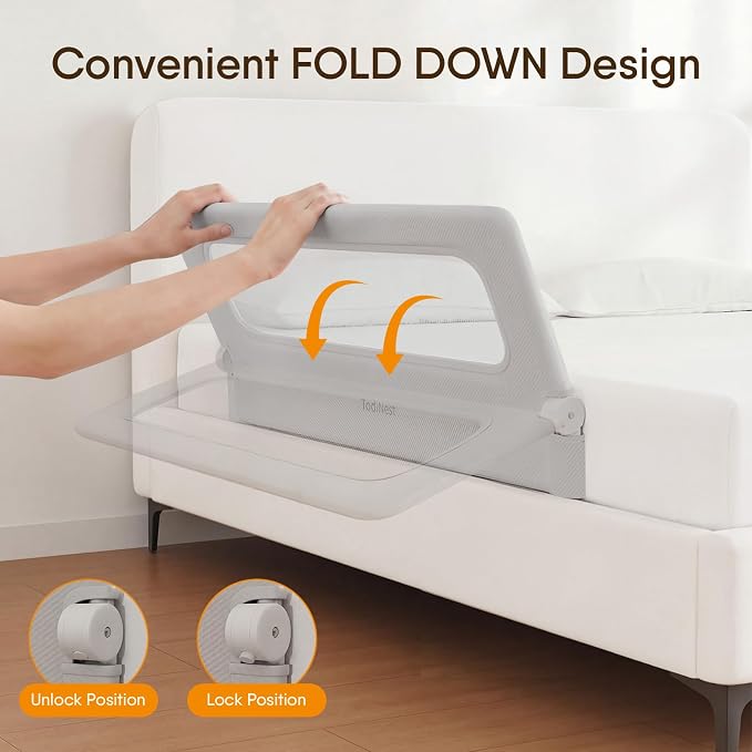 Bed Rail for Toddlers, 47 Inch Foldable Baby Guard | 47 in foldable toddler rail with reinforced anchors, no-gap mattress fit, double lock, washable fabric for King|Queen