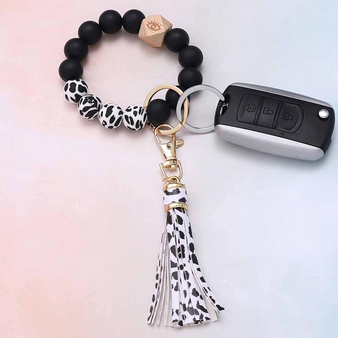 BAOSIWA Silicone Beaded Bracelet Keychain Wristlet Key Ring Bangle Chains for Women with Leather Tassel