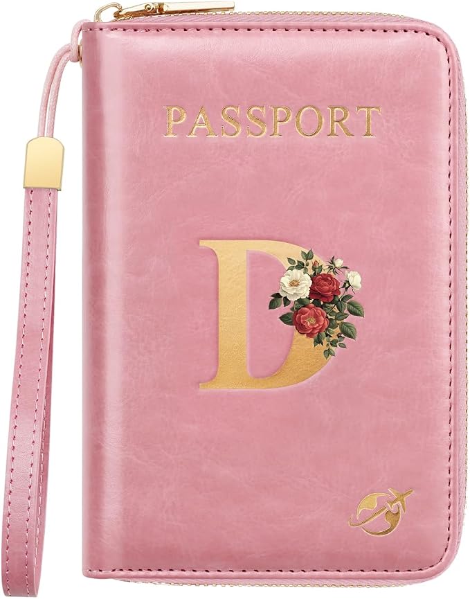 Passport Holder for Travel Personalized Wallet with Wristlet Women | All-in-One Passport Cover, RFID Blocking, Back Coin Pocket, Paper Money Slot, Zipper Closure, Roses Initial Letter, Pink D