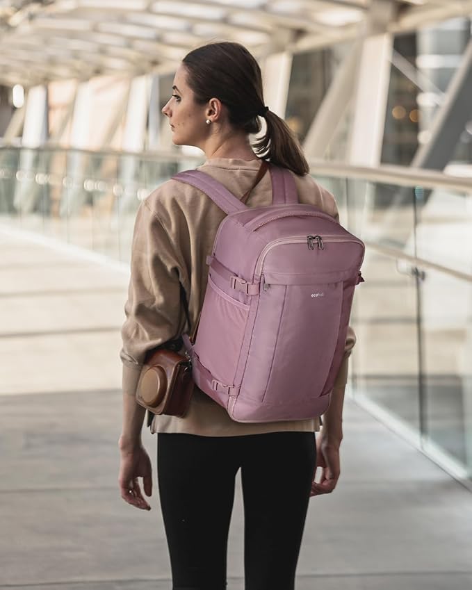 ECOHUB 17'' Small Travel Backpack, United Airlines Personal Item Bag 16.9"x10"x7.5" Carry on Backpack with USB Port Luggage Sleeve Travel Essentials for Men Women Water Resistant, Pink