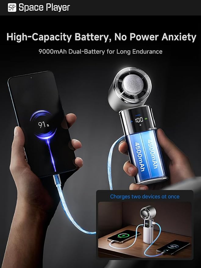 Space Player Portable Handheld Fan, 9000mAh, Turbo Airflow, Cooling Plate | 100 Adjustable Speeds, LED Display, USB-C Rechargeable, 4-in-1 Design for Neck Wear, Desktop, Hanging, Travel and Outdoor Use