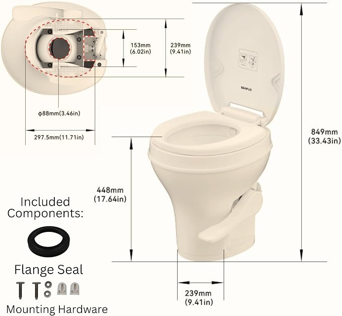 SEAFLO Bone RV Toilet, Residential Height 18.4", Gravity Flush Foot Pedal, Soft Close Seat, Camper Toilet for RV Motorhome Travel Trailer, Parchment, SFRTPH-02-01, 4-Year Warranty