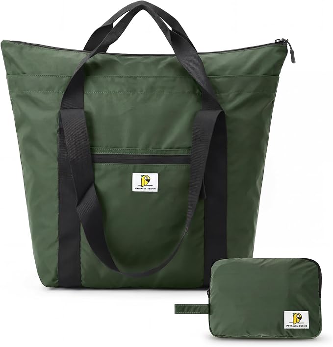 Foldable Travel Bag, 26L Duffle Bag for Travel, Expandable Second Carry-On Bag for Travel & Shopping, Water-Resistant Personal Item Bag, Dark Olive